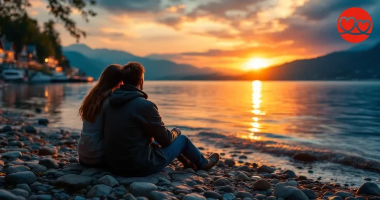 Singles und Dates in der Bodenseeregion – Paar am Bodenseeufer bei Sonnenuntergang