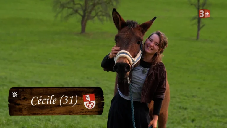 Smiling woman hugs a brown horse in a green field; a wooden sign reads 'Cécile (31)' with a crest at the bottom left area.