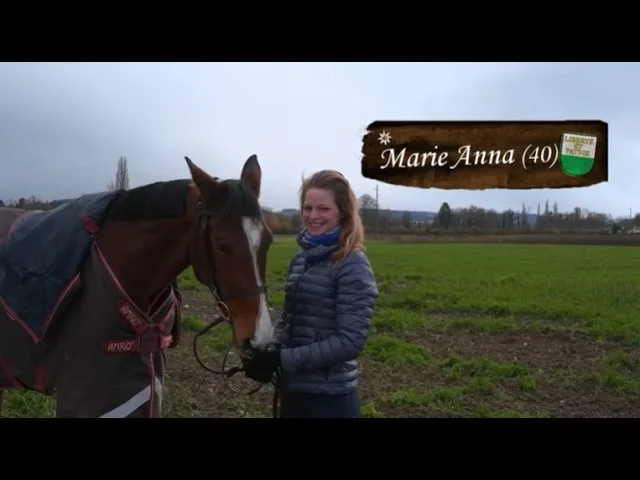 Woman in a blue quilted jacket stands beside a saddled horse in a green field; a wooden sign reads 'Marie Anna (40)'.