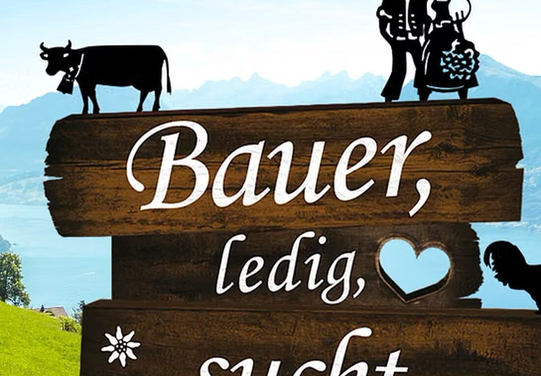 Logo der 3+ Sendung Bauer ledig sucht vor Schweizer Bergpanorama
