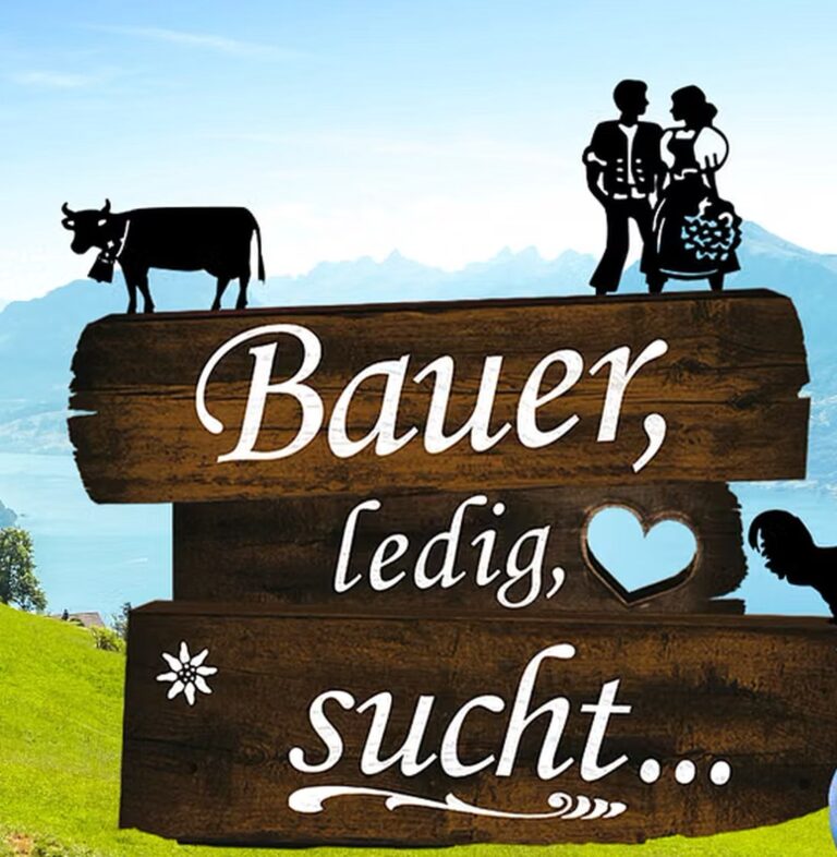 Logo der 3+ Sendung Bauer ledig sucht vor Schweizer Bergpanorama