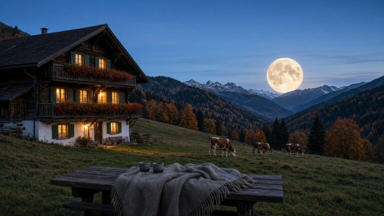 vollmond-mondkalender-liebe-schweiz Vollmond über einem Schweizer Bauernhaus mit Kühen auf der Weide