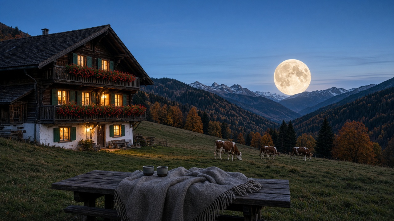 Vollmond über einem Schweizer Bauernhaus mit Kühen auf der Weide